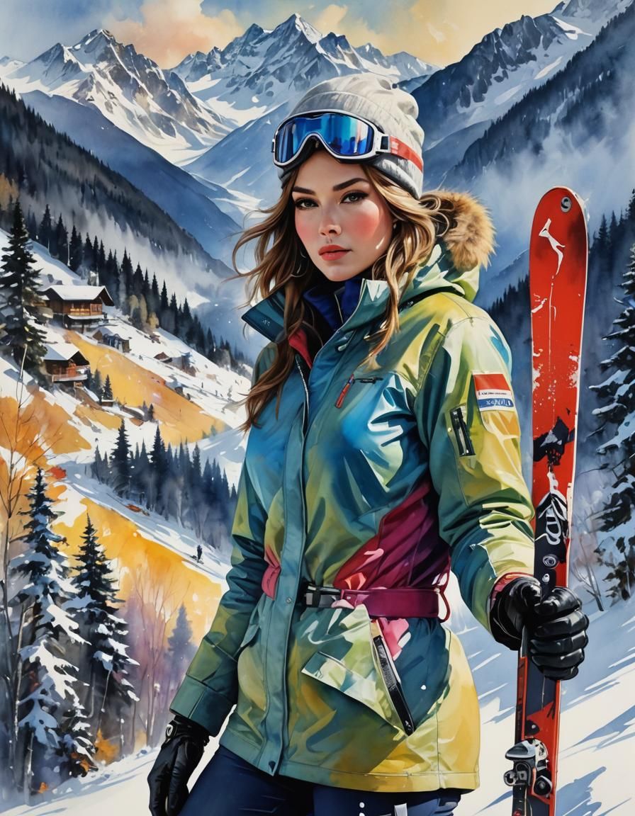 Elegant Woman in Winter Ski Outfit, Watercolor Portrait