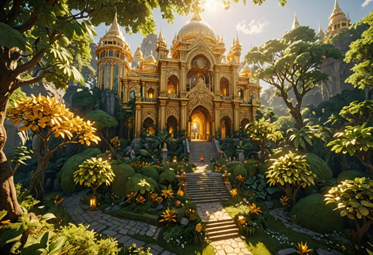 Golden Palace in Eden: A Stunning 3D Render