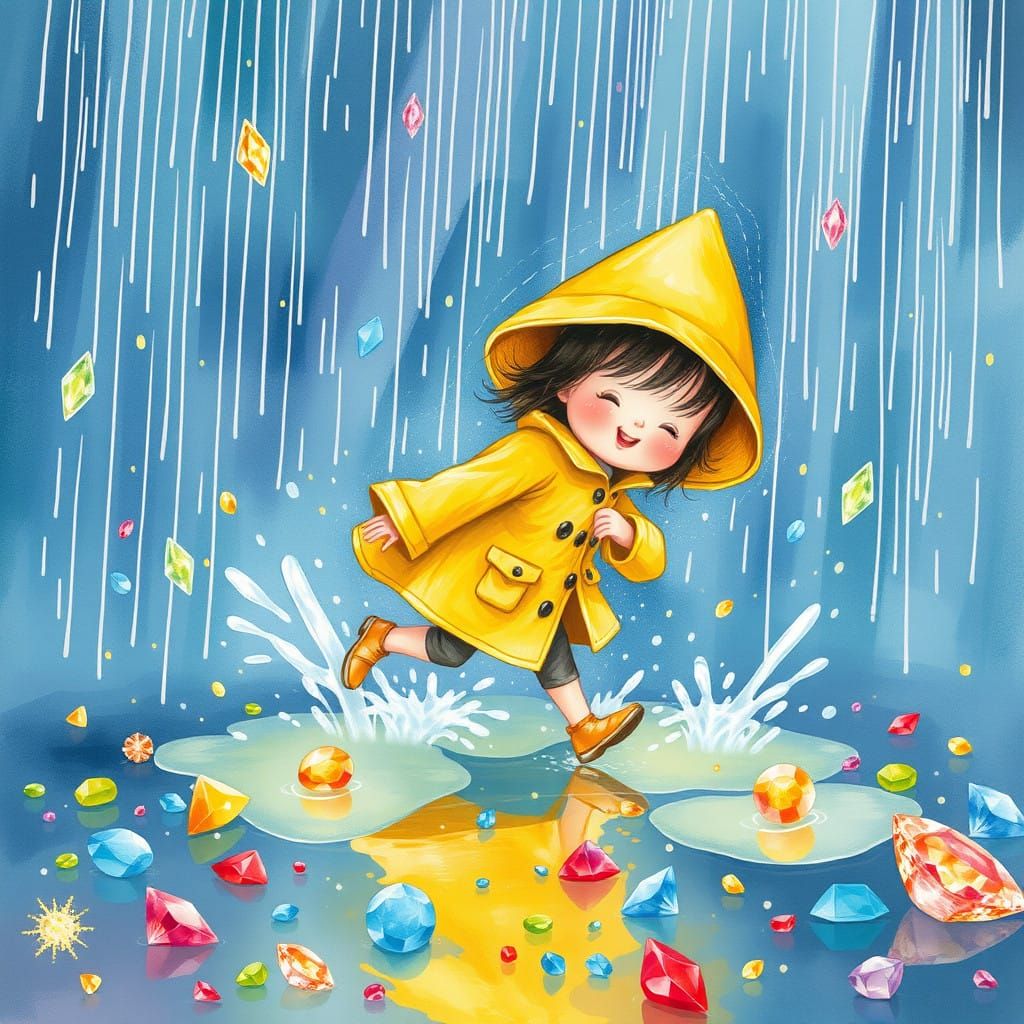 Whimsical Girl's Rainy Day Adventure in Sparkling Gemstone P...