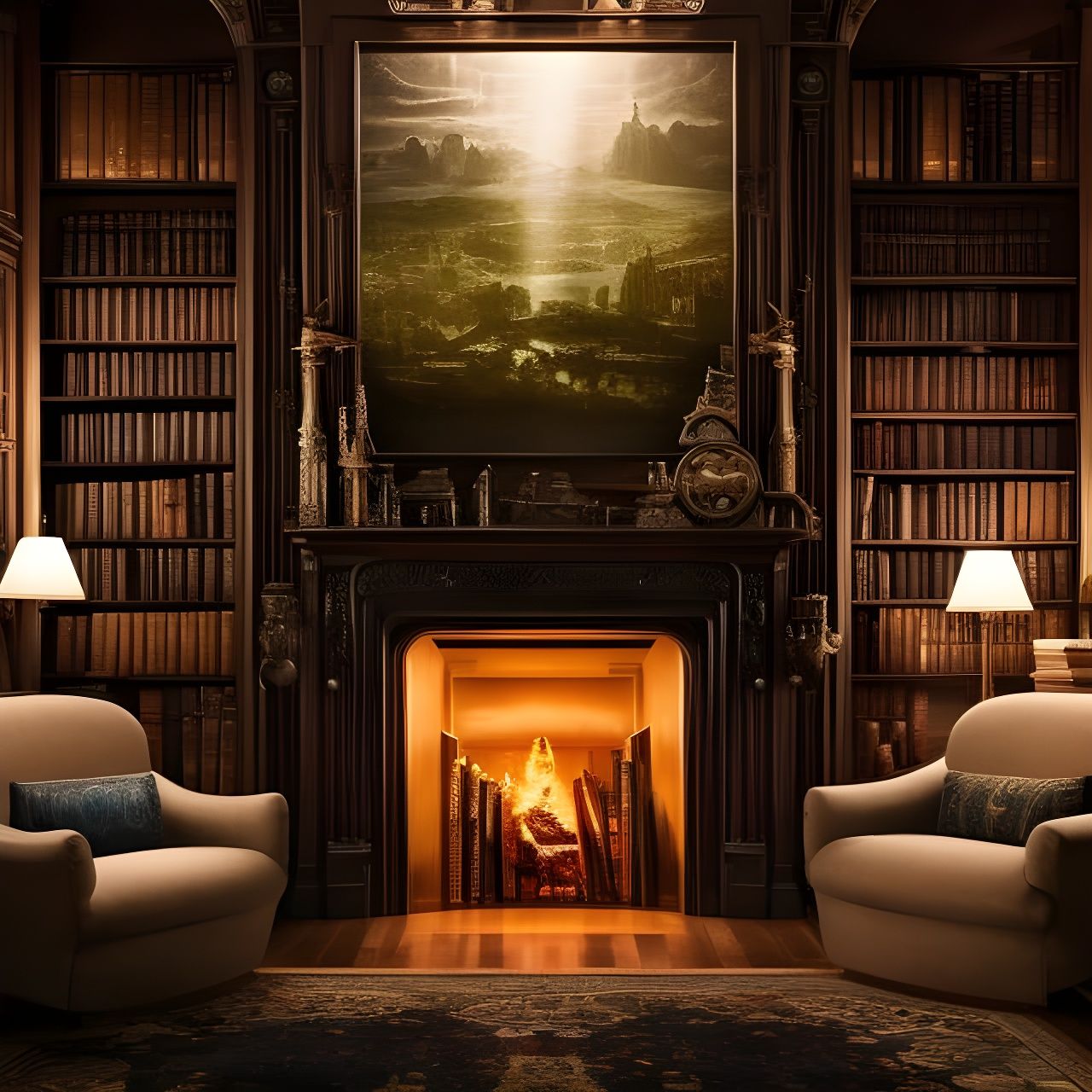 Cozy Time Lord Library with Fireplace, Digital Art