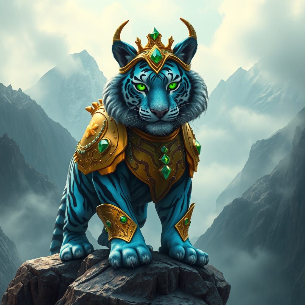 Majestic Blue Tiger Reigns Over Enchanted Mountain Realm
