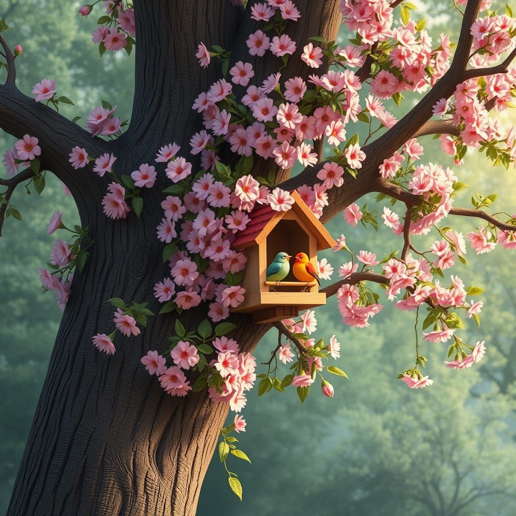 Tree with Flowers and Birdhouse Featuring Two Birds