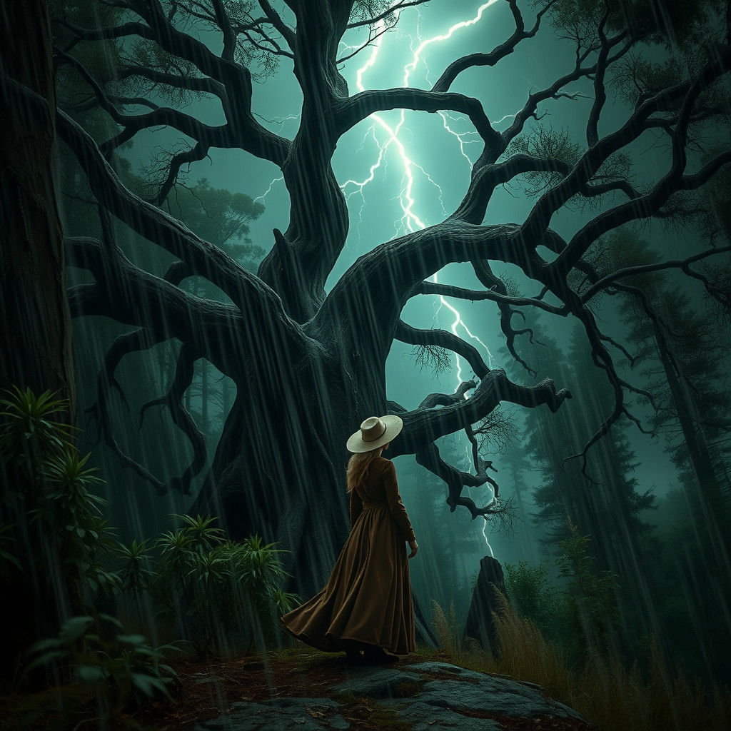 Woman Sheltered by Ancient Tree in Rainstorm