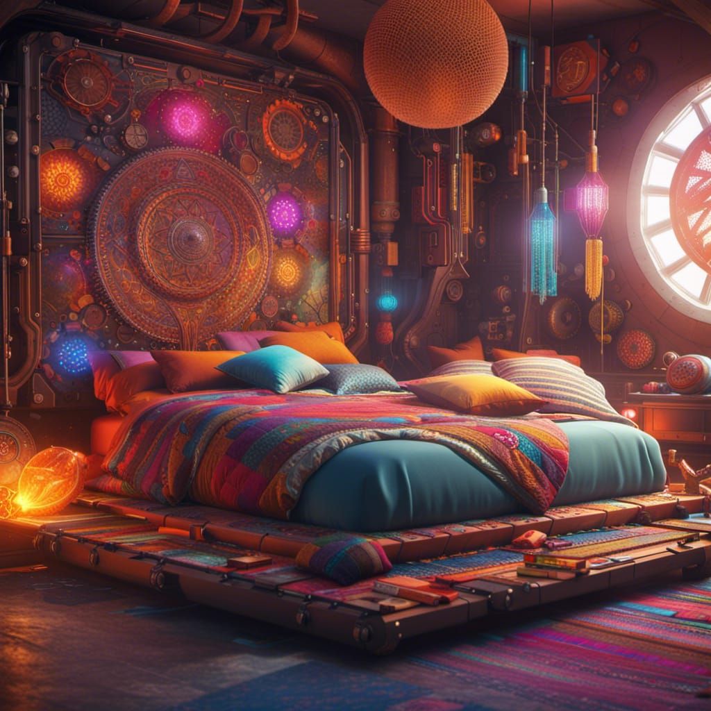 Bohemian Sci-Fi Bed with Intricate Mech Details