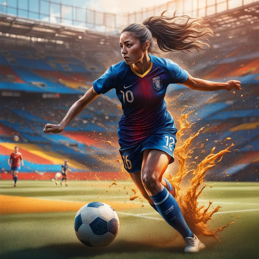 Hyperrealistic Girl Plays Soccer in Colorful Field