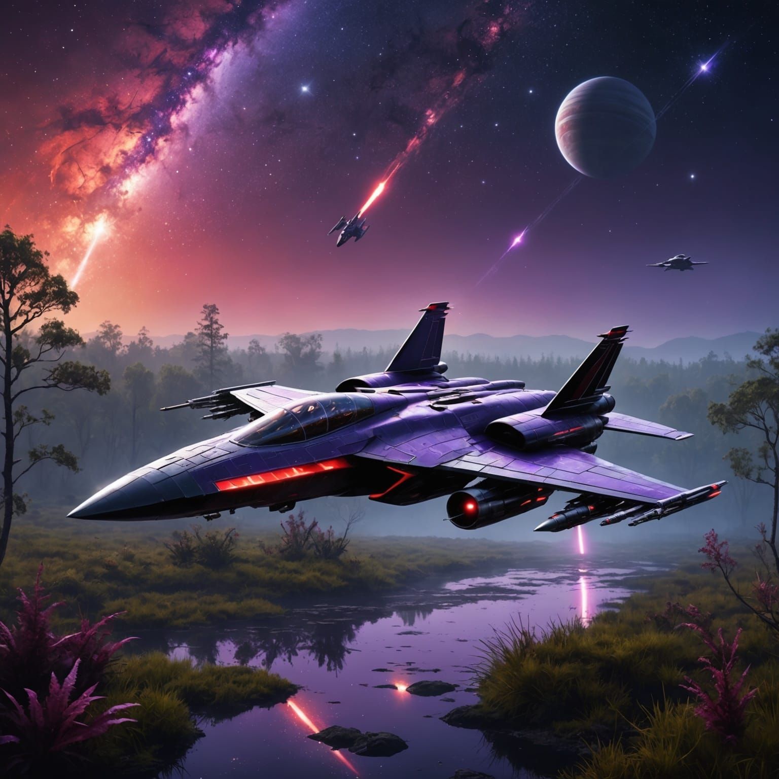 Sleek Starfighter Diving over Alien Swamp Landscape