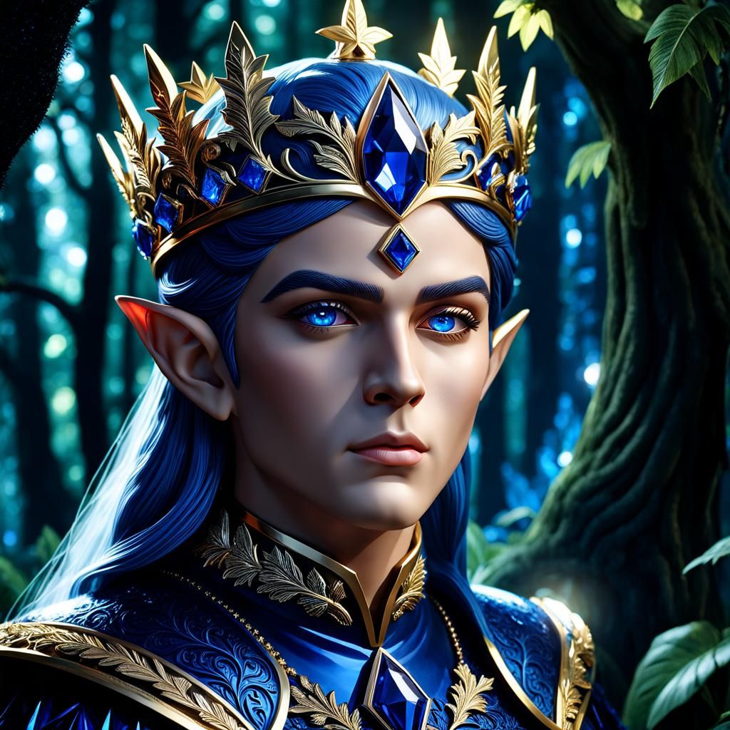 Dramatic Sapphire Elf King Portrait in Forest