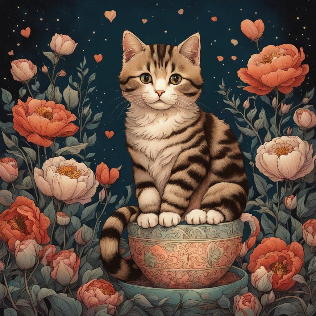 Cute Cat Surrounded by Flowers: Ethereal Illustration