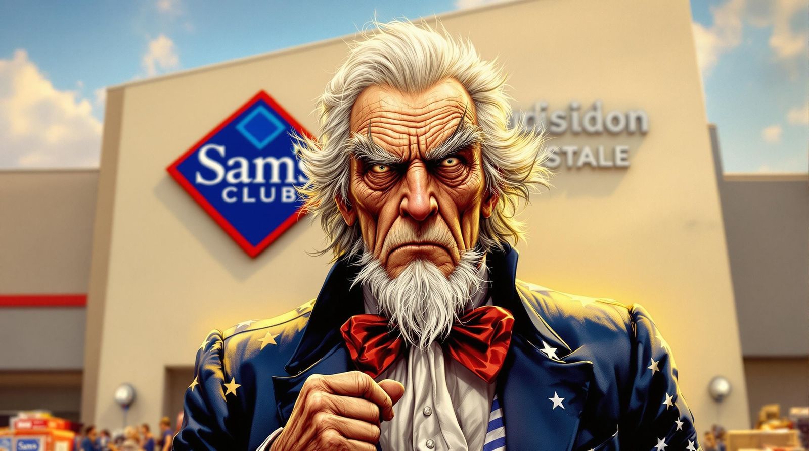 Uncle Sam in Front of Sam's Club in Realistic Portrait Style