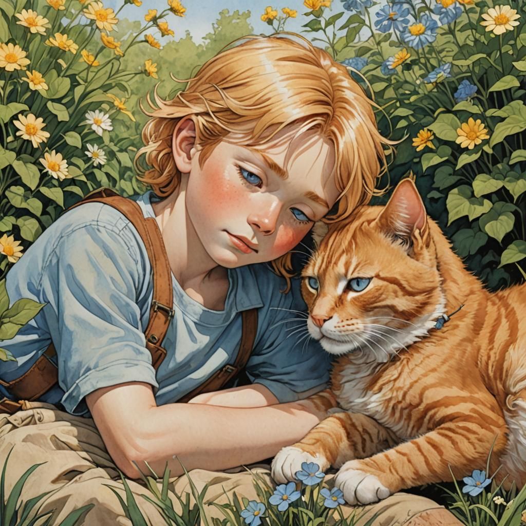 Ginger Cat and Boy in Modern Fantasy Style