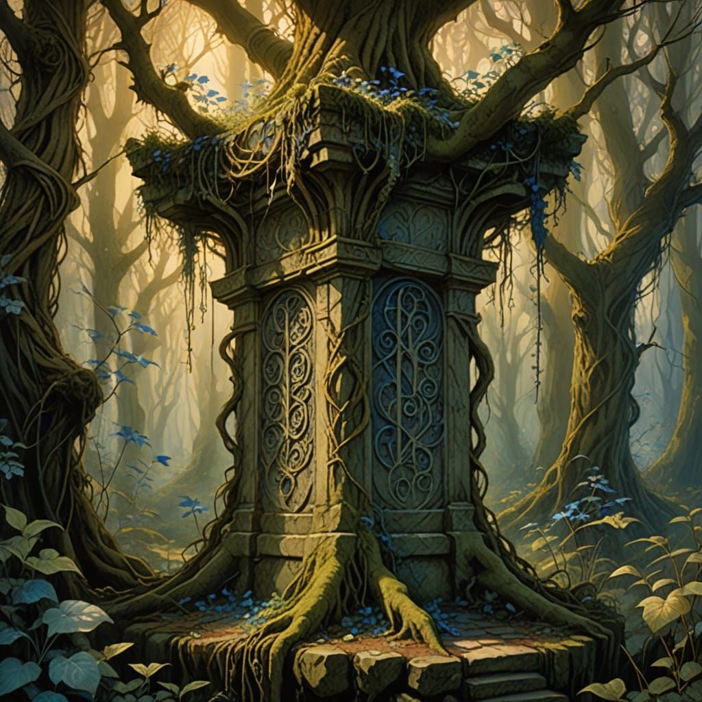 Surreal Ancient Runes Shine in Mystical Forest