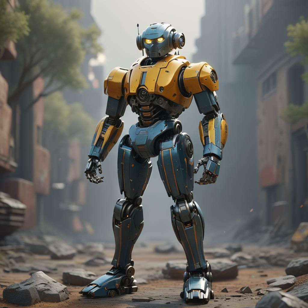 Gigantic Metal Robot in Epic 3D Videogame Style