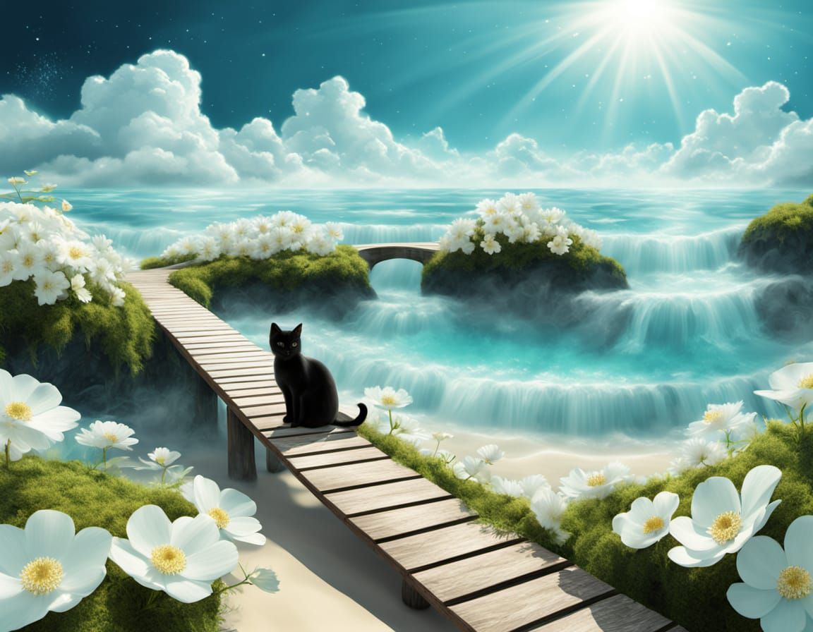 Whimsical Fantasy World with Black Cat and Celestial Blooms