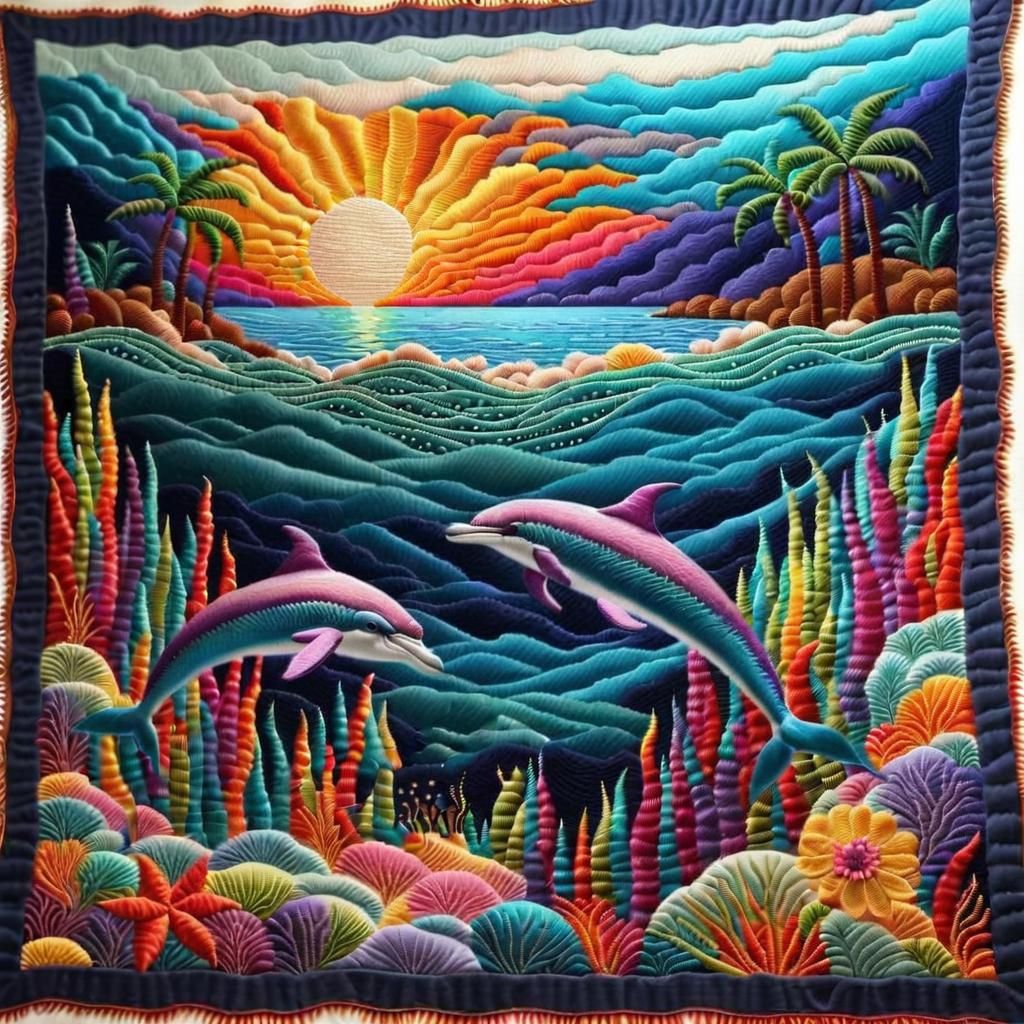Embroidered Dolphin Tapestry in Metallic Tones