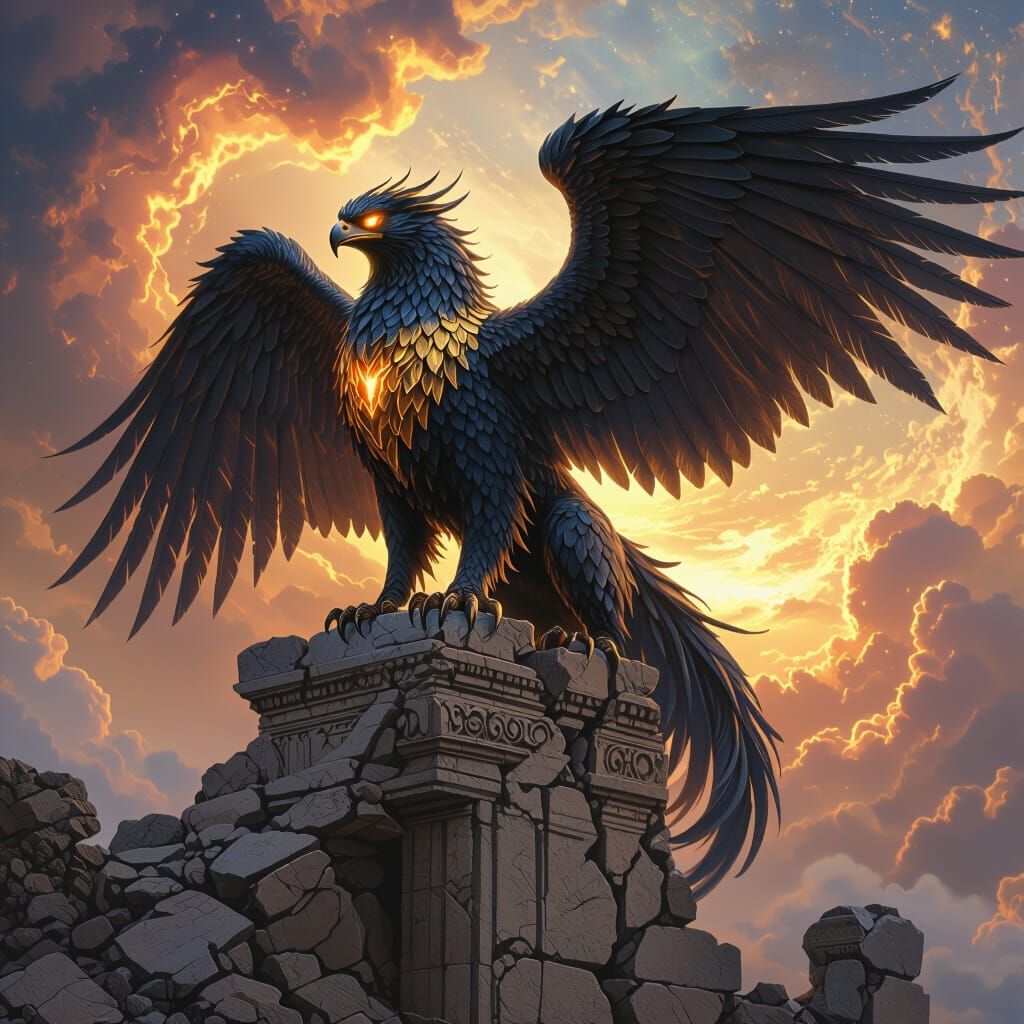 Majestic Griffin on Ancient Ruins Overlooking Nebula