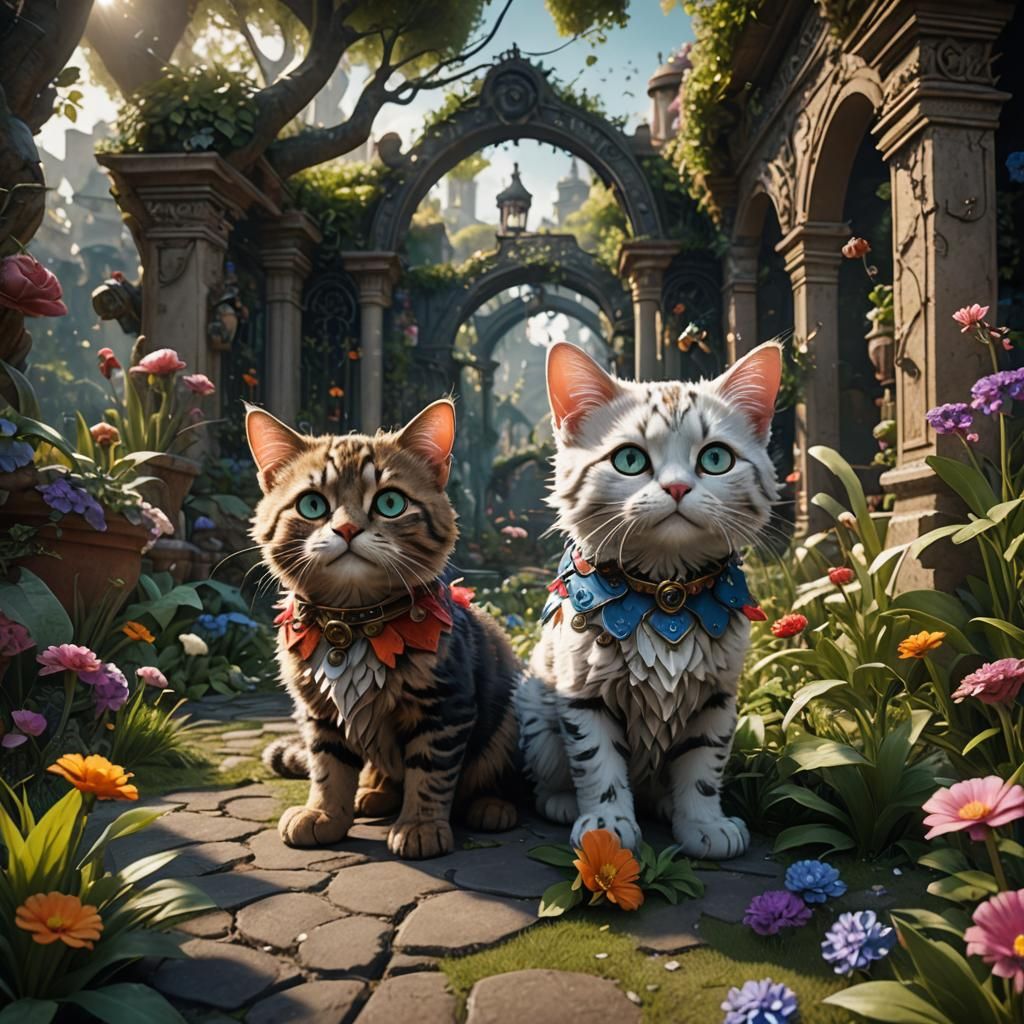 Cat with Kittens in Garden: Fantasy Concept Art