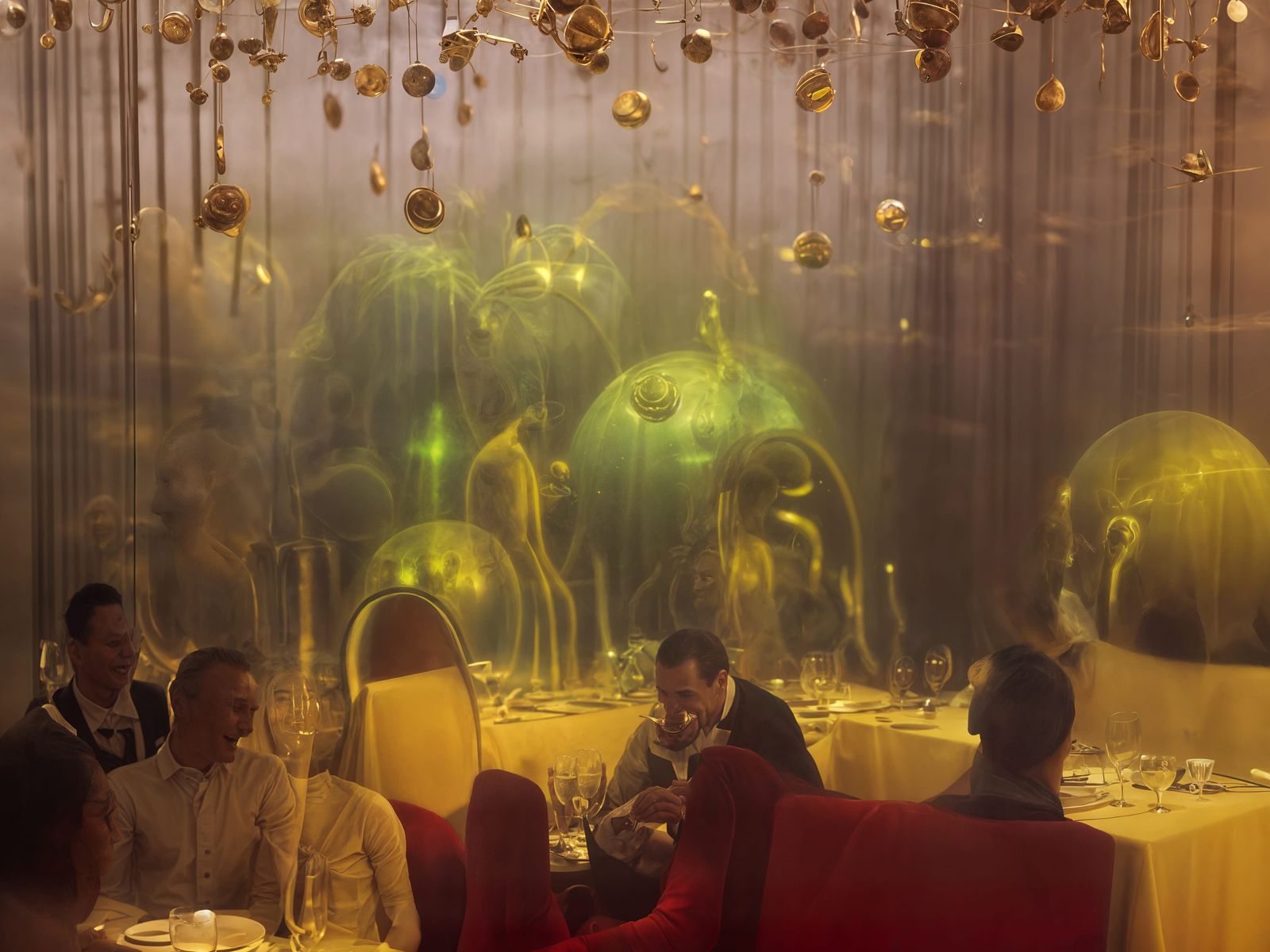 In a restaurant run by humans but planned and owned by these green Aliens - shimmering in the background and making, by ...