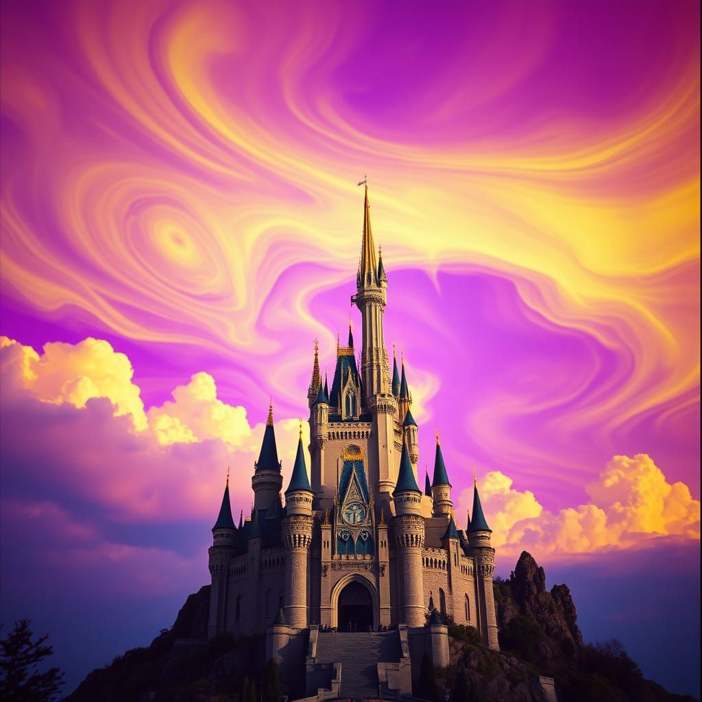 Grand Castle Unfolds Against Vibrant Psychedelic Sky
