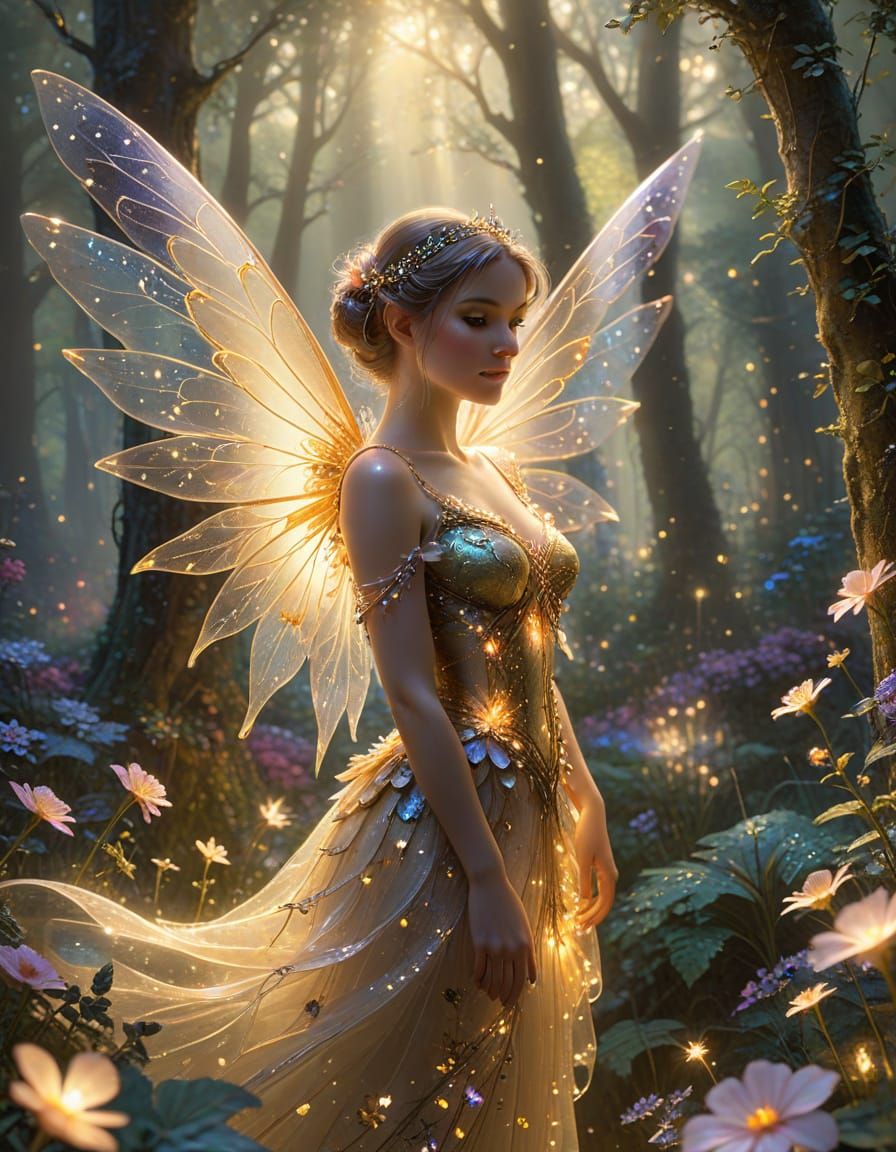 Enchanting Fairy with Translucent Wings in Ethereal Forest