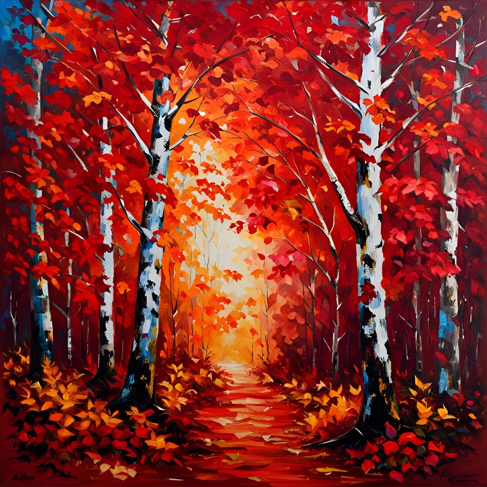 Red Autumn Forest (palette knife and oil paint)