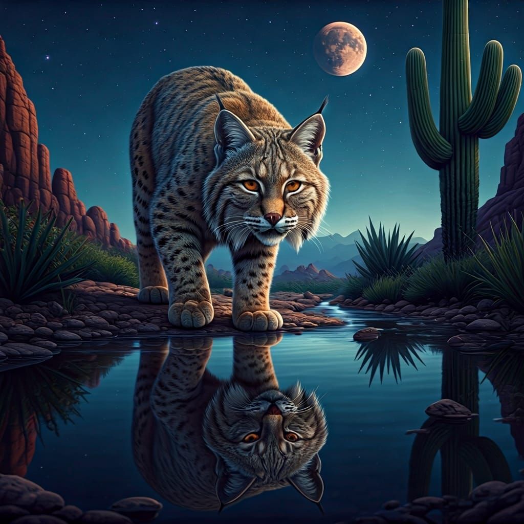 Bobcat Stalks Reflection Under Starry Sky