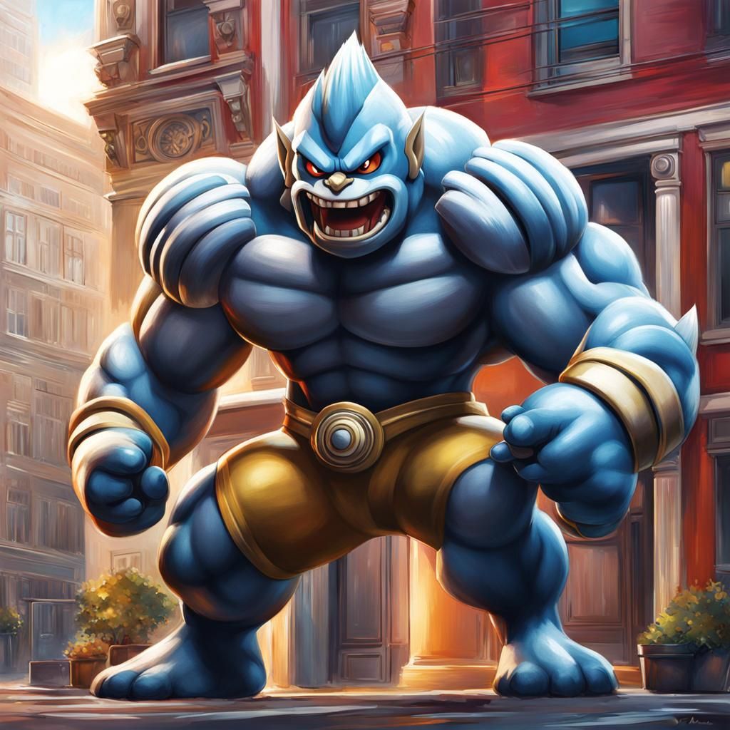 Machamp Lifts Building: Hyperrealistic Concept Art