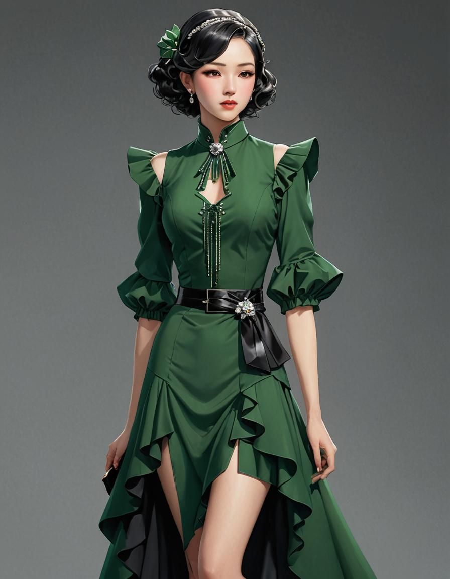Green 1930s Dress in Anime Style