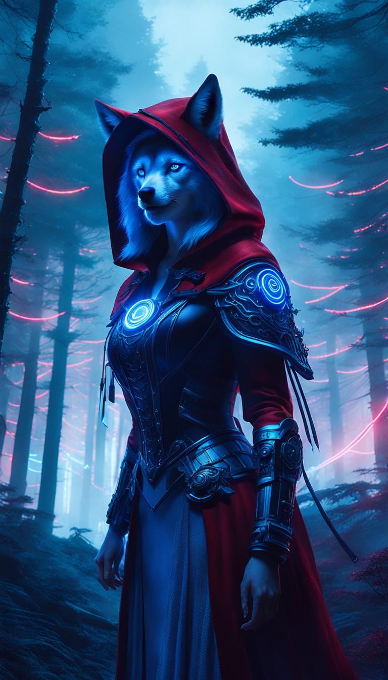 Cyberpunk Wolf-Girl in Mystical Forest