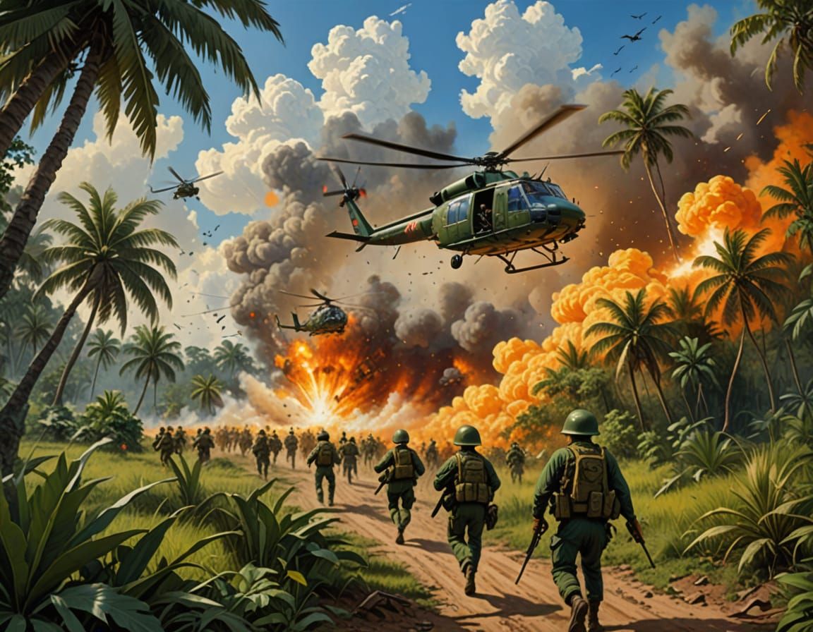 Vietnam War Helicopter Amidst Jungle Battle Scene