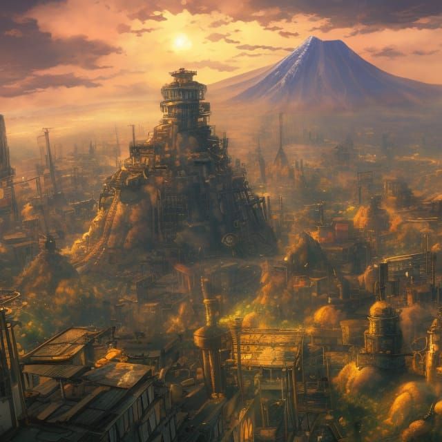 Steampunk Volcano City in Anime Style
