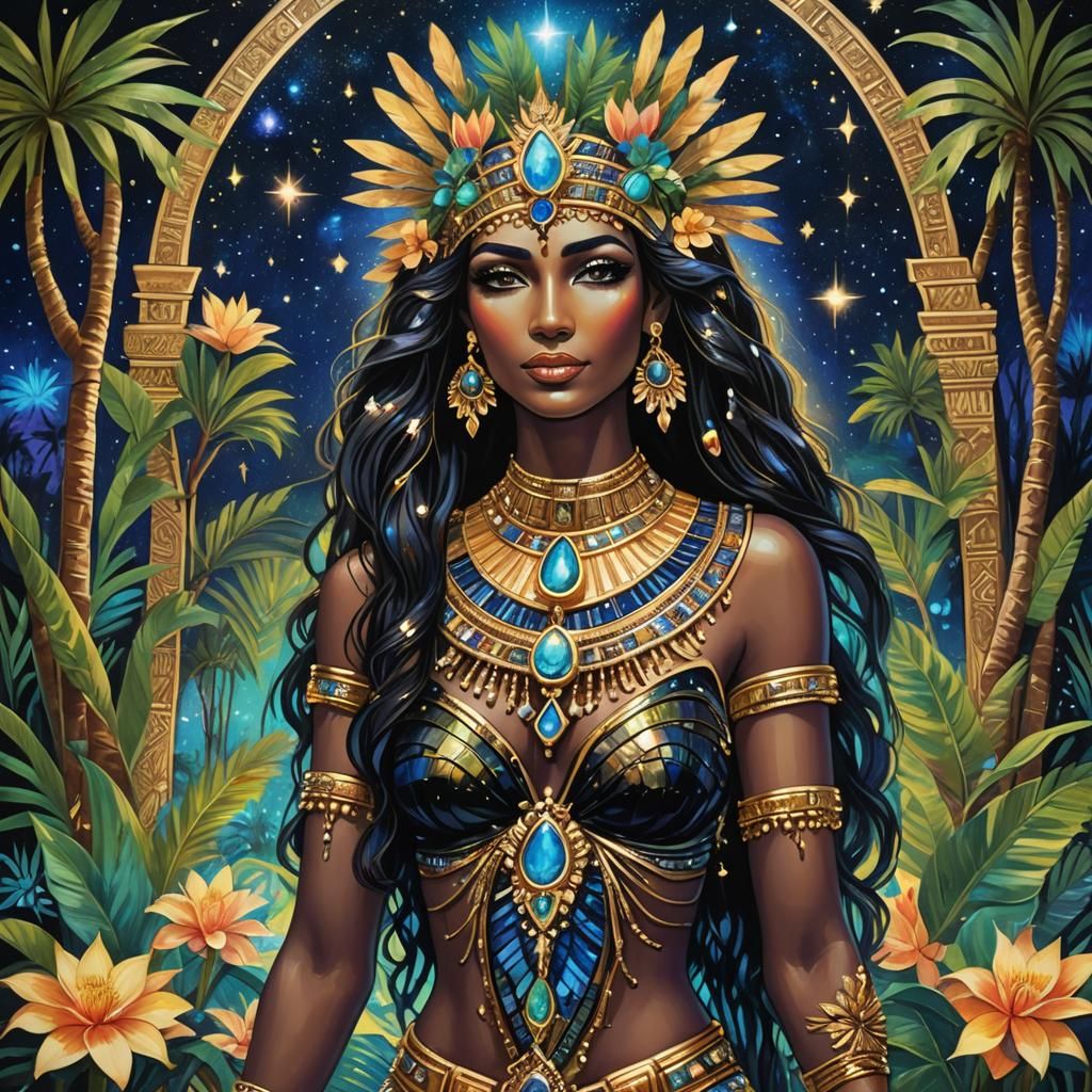 Egyptian Goddess in Blacklight Painting Style