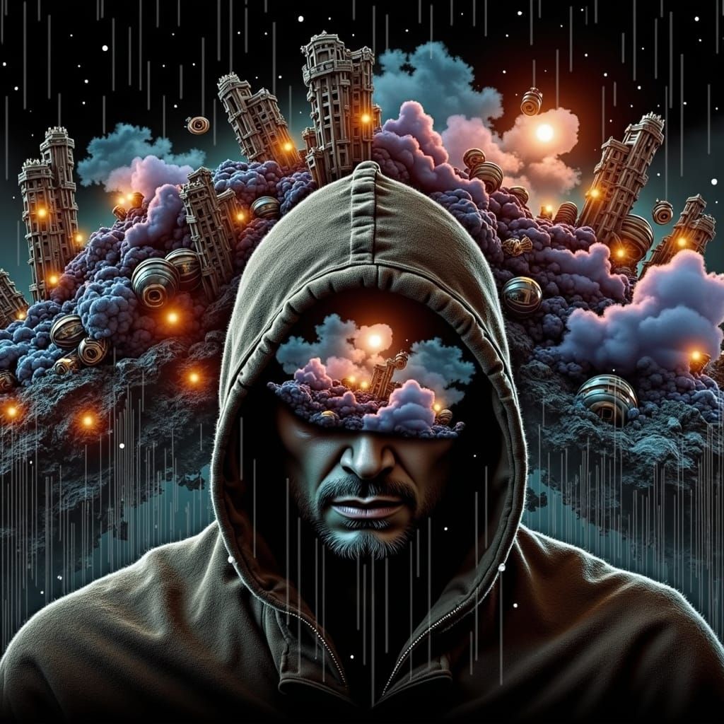 Contemplative Figure in Ruined Cryopunk Cityscape