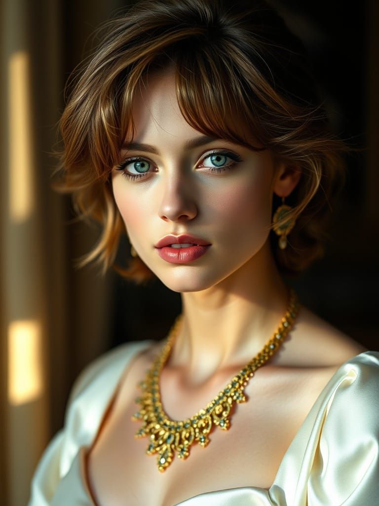 Supermodel Portrait in Silk Gown with Emerald Eyes