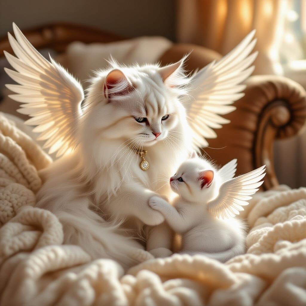 Winged Mother Cat Grooming Kitten, Dreamy Art