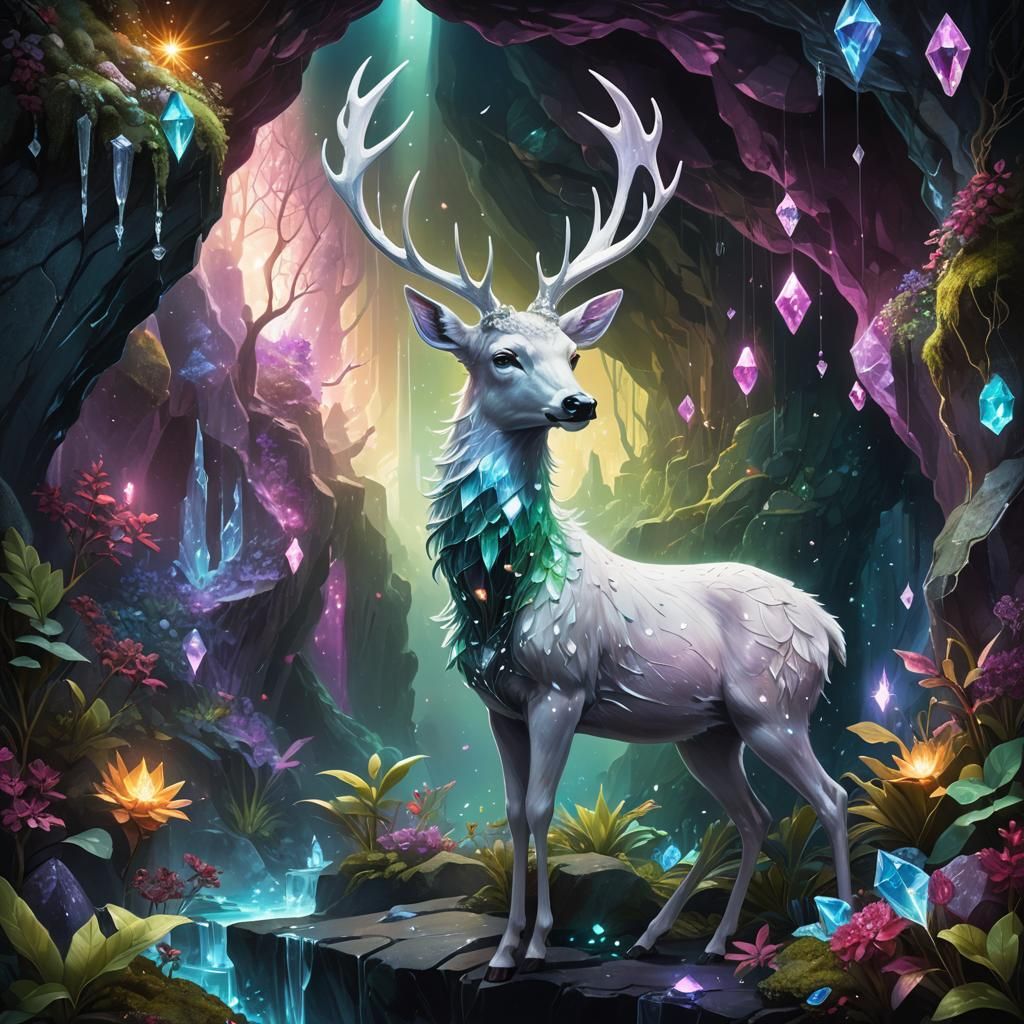 Crystal Deer in Cosmic Cave: Fantasy Matte Painting