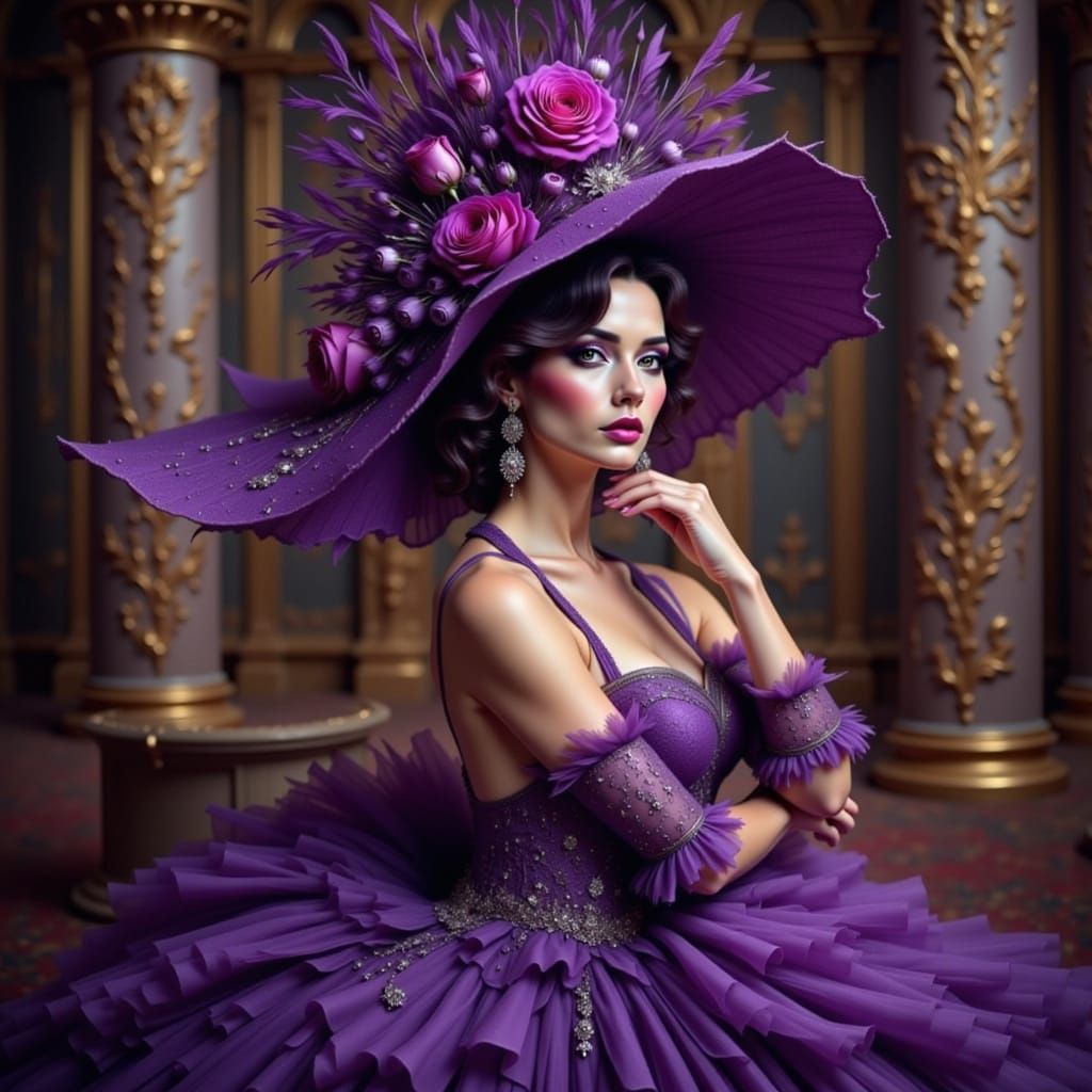 A woman wearing a long purple dress and a fabulous red hat w...