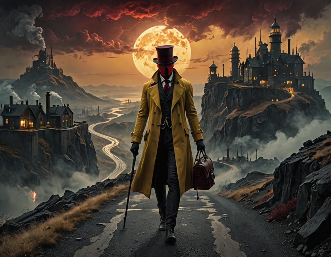 Victorian Man Walks to Industrial City Under Eclipse