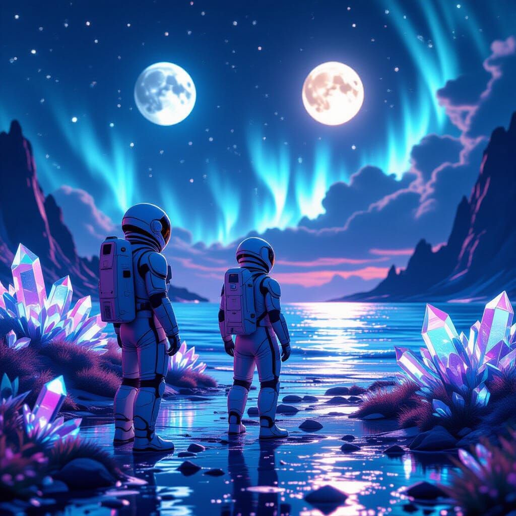 Astronaut on Alien Shore with Two Moons