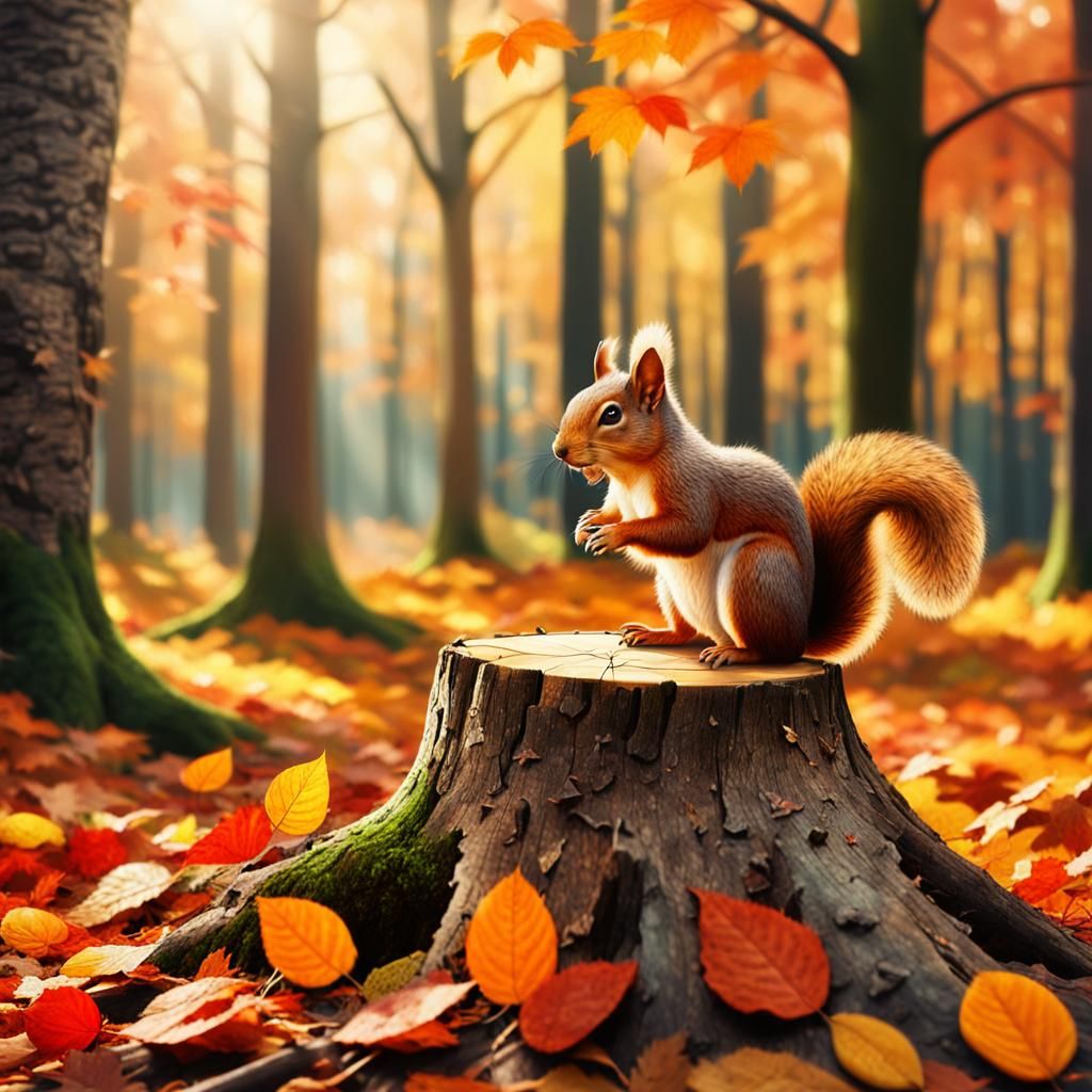 Warm Autumn Forest Scene with Curious Squirrel