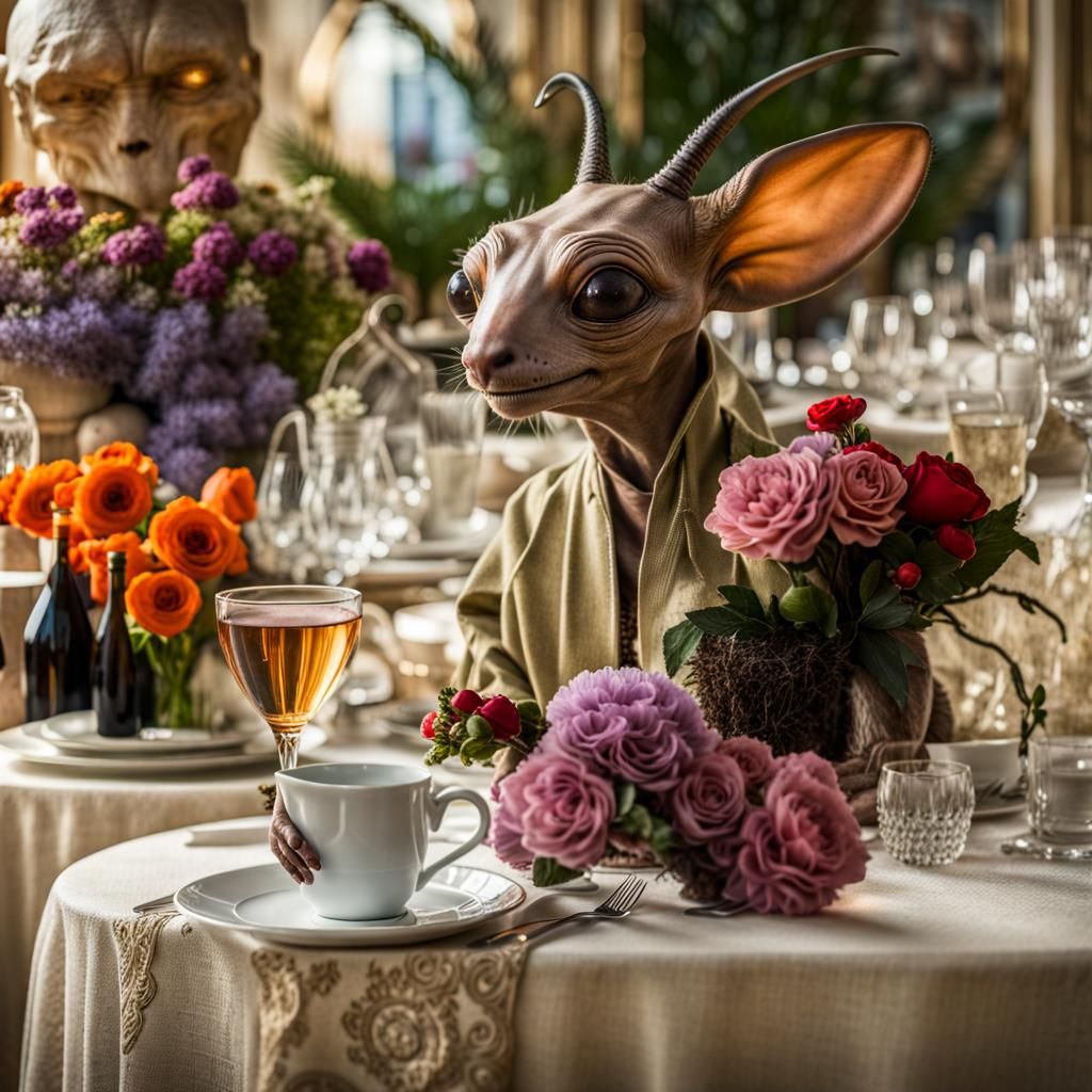 Surreal Alien Restaurant Celebration in Magical Realism