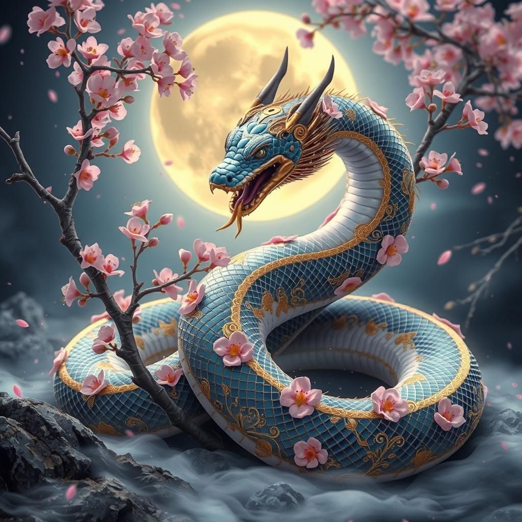 Sakura Serpent with Golden Details in Ukiyo-e Style