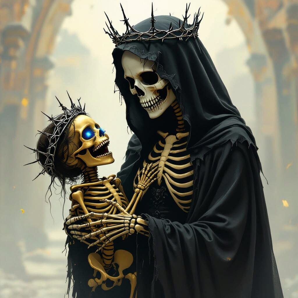 Female Grim Reaper Carries Diamond-Eyed Skeleton Daughter