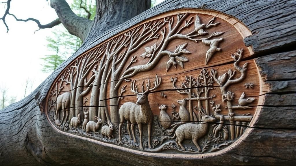 Intricate Forest Carving on Fallen Tree