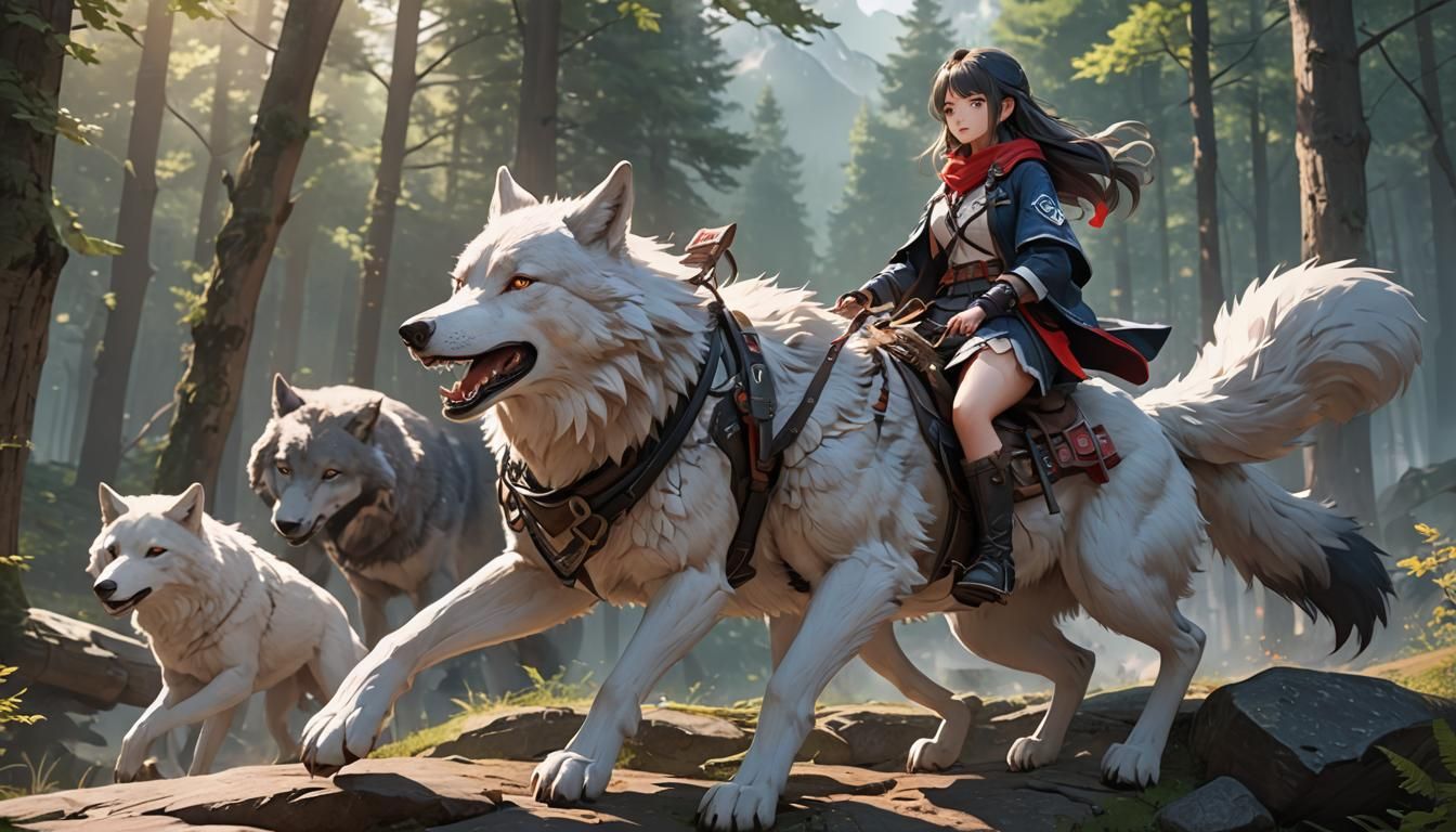 Cute Girl Rides Wild Wolf: 3D Anime Art