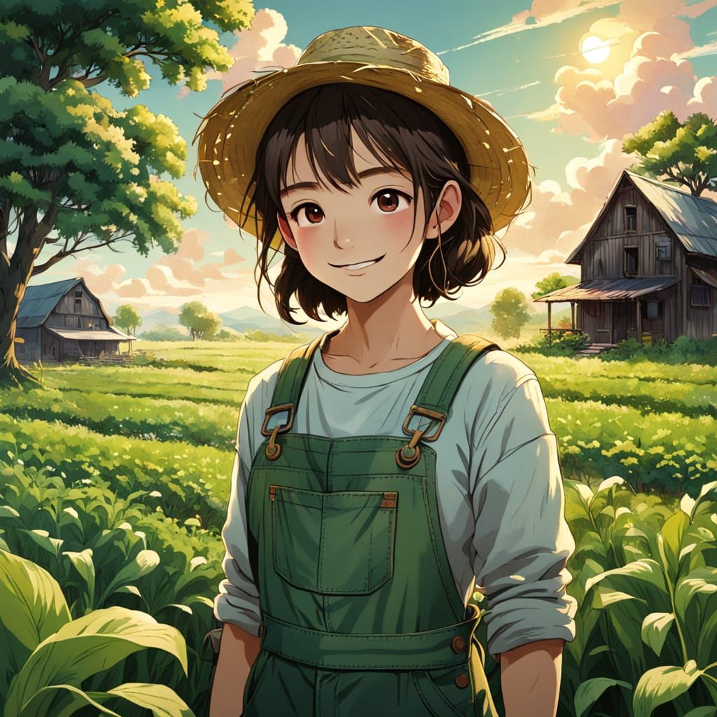 Young Farmer Tends to Lush Crops with Gentle Touch