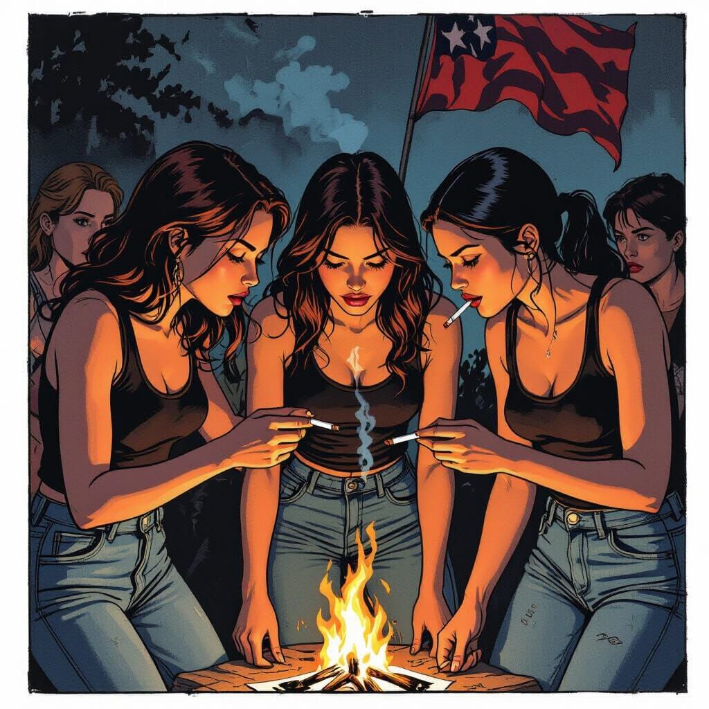 Comic Book Protest: Women Burning Photo with Defiance