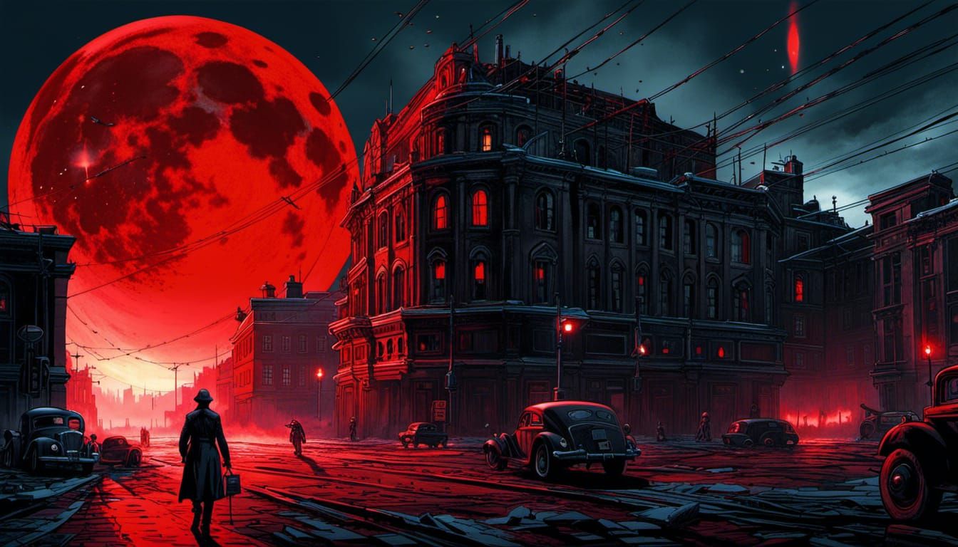 Dystopian Noir Cityscape with Red Moon