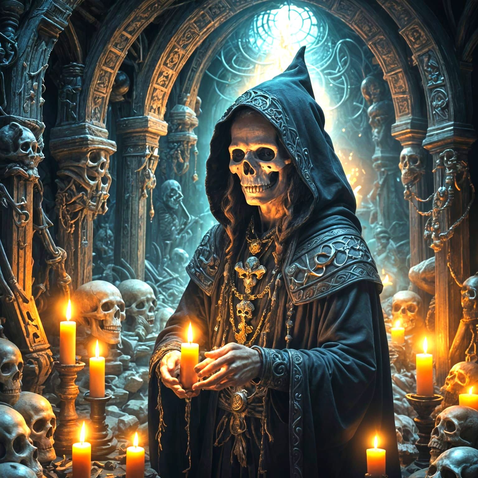 Skull Sorcerer Casting Binding Spell in Detailed Painting