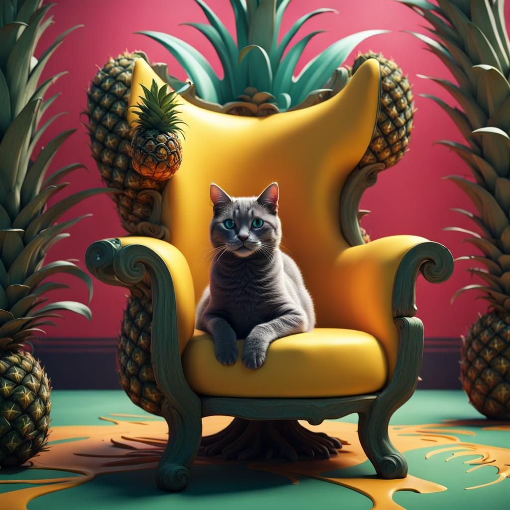 Cat on Pineapple Chair: Detailed Fantasy Art