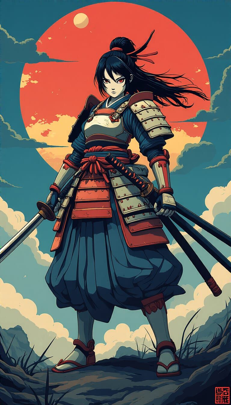 Samurai Girl with Ōdachi in Sci-Fi Anime Style